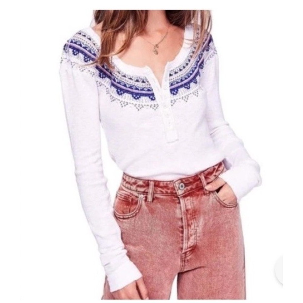 Free People Women's Top Fair Isle Embroidered Yoke Thermal Henley Small